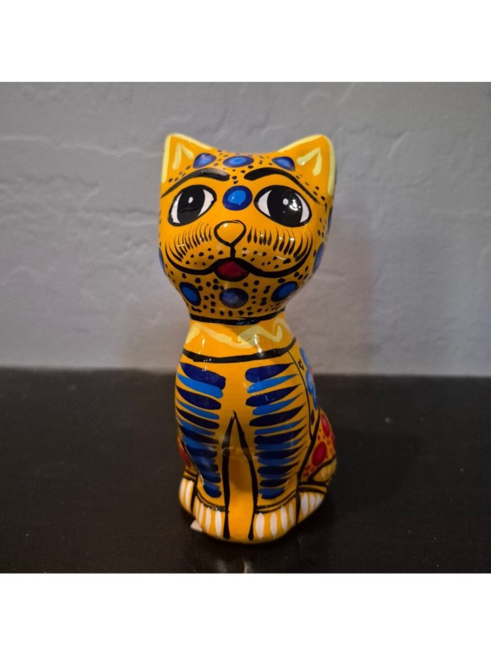 Hand-Painted Ceramic Cat Figurine - Vibrant Floral Dotted Design Made In Mexico